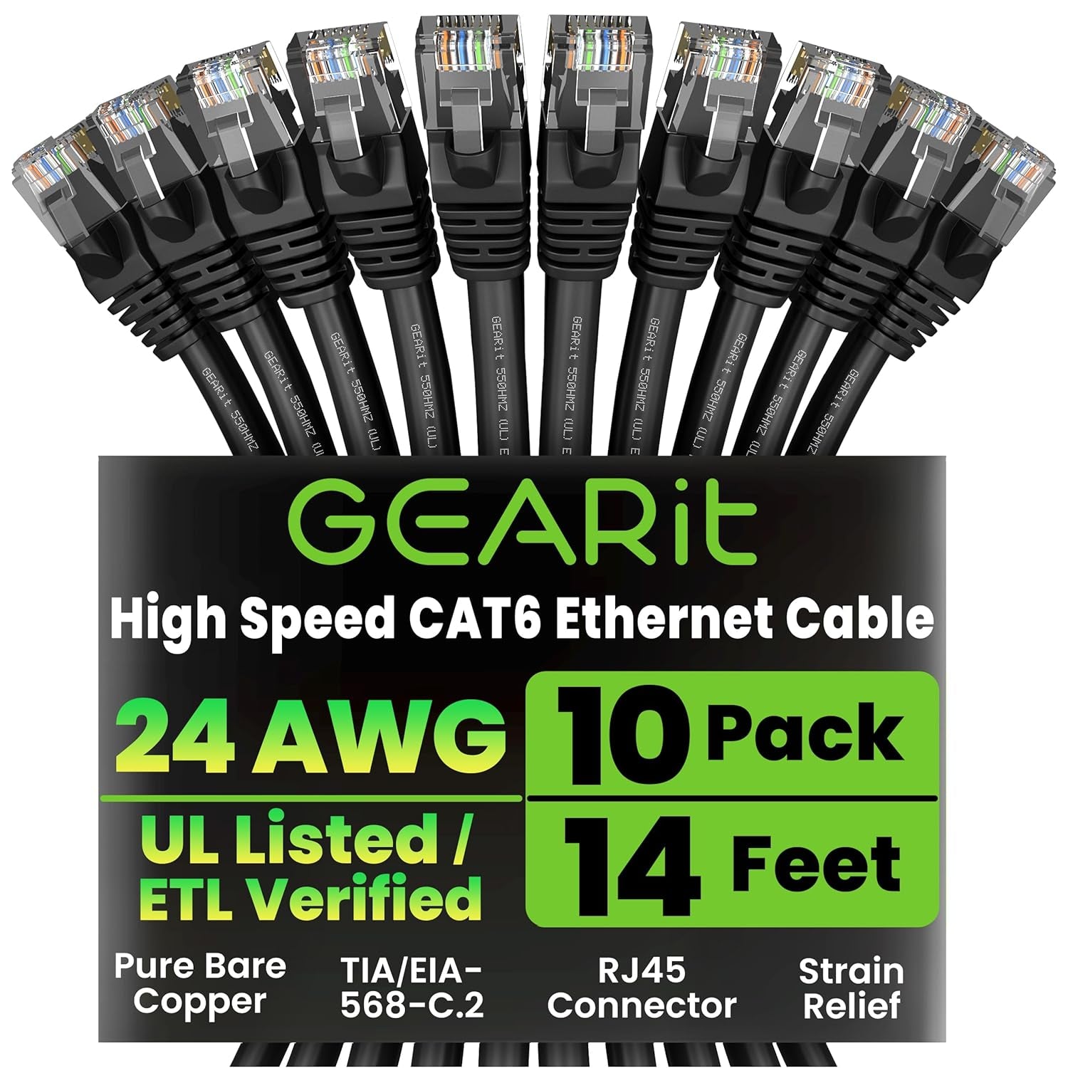 Cat 6 Ethernet Cable Pack - 10-Pack 14 Ft Cat6 Ethernet Patch Cables | RJ45 Network Patch Cable, 10 Gbps Snagless Gold-Plated Connectors - Ethernet Cable Cat 6 for PC, TV, Router - Black
